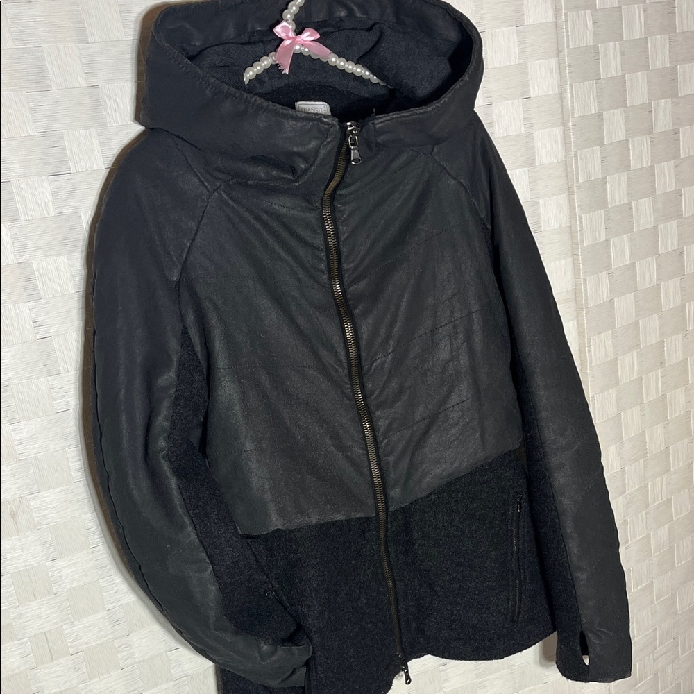 Black Textured Hooded Jacket with Smooth Sleeve Panels wool Eye catching Style